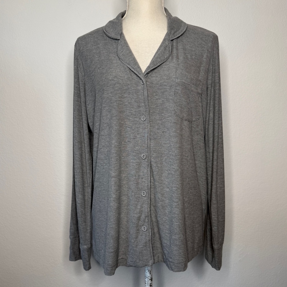 Skims Soft Lounge Ribbed Heather Gray Long Sleeve Button Front Sleep Top S